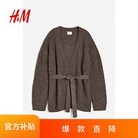 移动端、京东百亿补贴：H&M 女装针织衫落肩长袖V领腰部系带开衫1089148 褐色