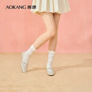 奥康（Aokang）女鞋 2024秋季舒适质感通勤鞋优雅气质玛丽珍鞋女 米色 1244211005 35