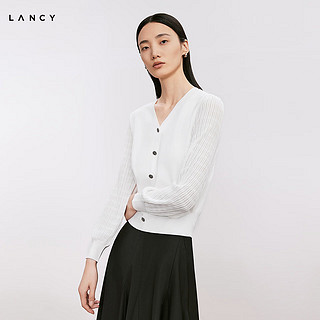 朗姿/LANCY2024秋季新款灯笼袖拼接v领针织开衫女设计感典雅上衣