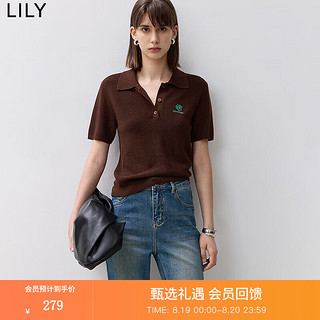 丽丽 LILY2024秋女装含绵羊毛镂空POLO领刺绣坑条肌理通勤针织短袖 710咖啡 S