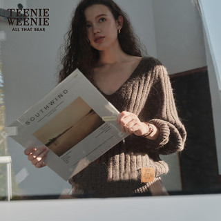 Teenie Weenie小熊2024年秋季气质羊驼毛V领毛衣软糯针织衫女 棕色 155/XS