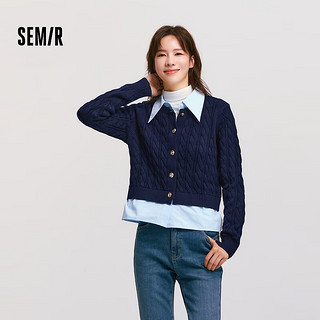 森马（Semir）针织开衫女撞色翻领绞花毛衫时尚气质文艺冬季假两件衣服通勤 蓝色调00388 165/88A/L