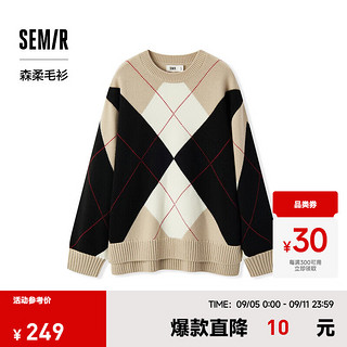 森马（Semir）森柔毛衫|毛衣女菱形格撞色2024冬落肩宽松毛衫 卡黑色调00359 150/76A/XS