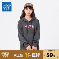真维斯女装2024秋季 创意个性印花女款宽松休闲连帽卫衣XC 铁灰8040 165/84A/L