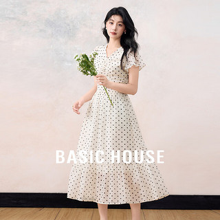 Basic House/百家好法式复古波点连衣裙夏季荷叶边中长款裙子 杏色 2XL