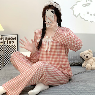 婧麒月子服春秋哺乳产后空调服喂奶夏季家居服睡衣套装 红色方格Jsy148376 L
