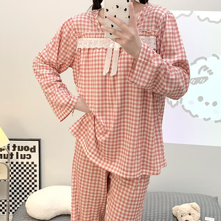 婧麒月子服春秋哺乳产后空调服喂奶夏季家居服睡衣套装 红色方格Jsy148376 L