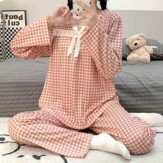 婧麒月子服春秋哺乳产后空调服喂奶夏季家居服睡衣套装 红色方格Jsy148376 L