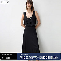 丽丽 LILY2024秋优雅时髦U领双排扣通勤款马甲连衣裙 510黑 S