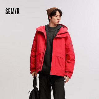 森马（Semir）羽绒服男中长款2024冬防雨防污防油防风宽松连帽外套百搭 中国红(灰鸭绒)60604 160/80A/XS