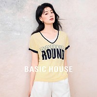 百家好（Basic House）Basic House/百家好休闲百搭假两件设计感夏季字母圆领短袖针织衫 黄色 M