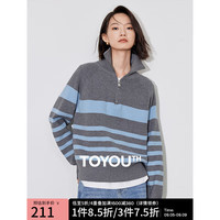 初语减龄条纹针织衫女2024秋冬拉链polo领套头撞色长袖毛衣 灰蓝间条 XL