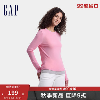 Gap女装2024秋季撞色拼接修身长袖T恤简约显瘦内搭上衣637892 粉色 165/84A(M)