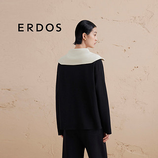 ERDOS【精纺】24秋冬新品绒毛混纺撞色针织衫厚款宽松翻领女套衫羊绒衫 黑 1