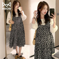 猫人(MiiOW)连衣裙2024夏季装夏装短袖碎花裙宽松大码小个子 黑色(两件套) M