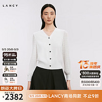 朗姿/LANCY2024秋季灯笼袖拼接v领针织开衫女设计感典雅上衣 本白色 XL