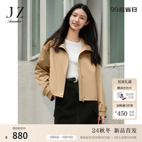 玖姿·安娜蔻韩系休闲风连肩按扣拉链落肩短风衣女2024秋季 卡其 XL