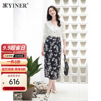 音儿专选2024年秋季影儿女装气质水墨荷叶印花钉珠拼接半身裙 黑色 38