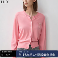 丽丽 LILY2024秋蝴蝶结刺绣钉珠纱线舒适百搭针织开衫 123珊瑚粉 L