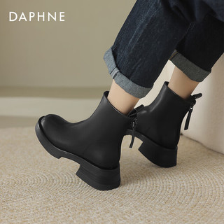 达芙妮（DAPHNE）英伦风复古圆头短筒瘦瘦靴2024时尚百搭短筒靴舒适粗跟女靴 黑色单里 40