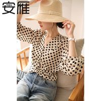 安雁法式复古时髦娇俏立体收腰重磅仿真丝双绉波点V领短衬衫女潮