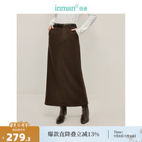 茵曼（INMAN）简约通勤开叉半身裙2024冬季女装显瘦高腰A字包臀中长裙 深咖色 XL