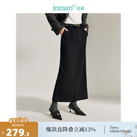 茵曼（INMAN）简约通勤开叉半身裙2024冬季女装显瘦高腰A字包臀中长裙 午夜黑 L