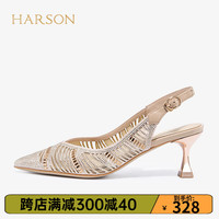 哈森轻奢水钻夏纱网宴会鞋时装凉鞋尖头细跟后空女凉鞋HM222519