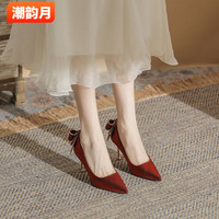 潮韵月 蝴蝶结伴娘鞋 白色高跟鞋 缎面主婚纱礼服鞋 气质尖头细跟单鞋