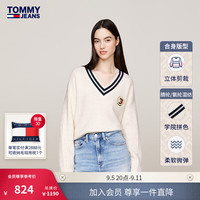TOMMY JEANS【美式学院风】24新款秋冬女刺绣撞色V领肌理感针织衫19685