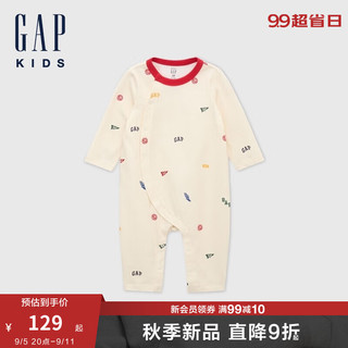 Gap婴儿2024秋季纯棉满印圆领长袖连体衣儿童装爬服645623 米色 66cm(3-6月) 亚洲尺码