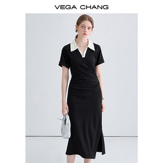 百亿补贴：VEGA CHANG 短袖连衣裙女2024年夏季新款撞色POLO领复古开叉长裙子