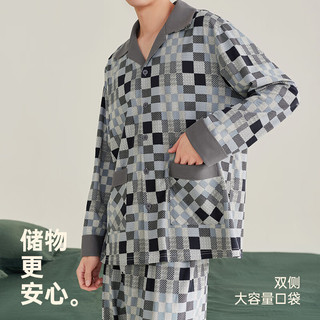安之伴睡衣男秋新品格纹休闲轻奢显身材透气翻领开衫长袖长裤家居服套装 A深花灰 XL