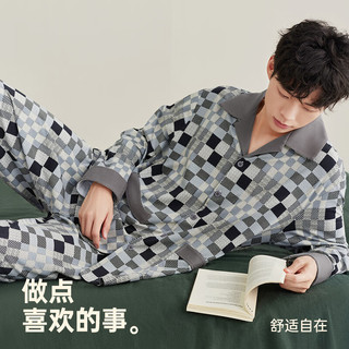 安之伴睡衣男秋新品格纹休闲轻奢显身材透气翻领开衫长袖长裤家居服套装 A深花灰 XL