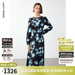 朗姿2024冬季法式复古印花收腰显瘦气质连衣裙中长款长袖裙子 黑色 S