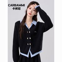 CARBAMMI2024外穿秋季polo领假两件针织衫女小香风开衫毛衣外套新
