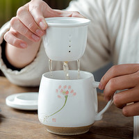 束氏茶水分离杯陶瓷杯带盖泡茶杯过滤水杯茶具办公功夫茶杯 手绘佛手莲花 350ml 1只 中号茶杯-350ml