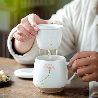 束氏茶水分离杯陶瓷杯带盖泡茶杯过滤水杯茶具办公功夫茶杯 手绘佛手莲花 350ml 1只 中号茶杯-350ml