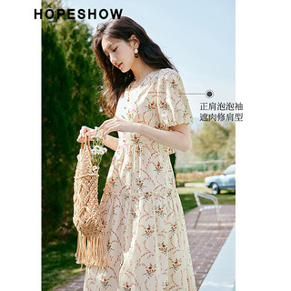 HOPESHOW 红袖 100%棉氛围感连衣裙夏季女装 印花高级感小众收腰V领显瘦长裙 米底花611 M