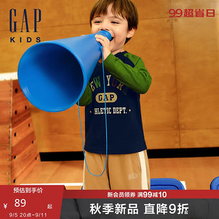 GAP【大小童同款】男童2024初秋小熊撞色插肩袖长袖T恤641773 蓝绿拼接 140cm(10-11岁)亚洲尺码