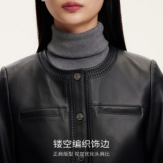 VEROMODA皮衣女2024秋季女装羊皮织设计圆领短款皮衣甜酷气质 黑色 165/84A/M