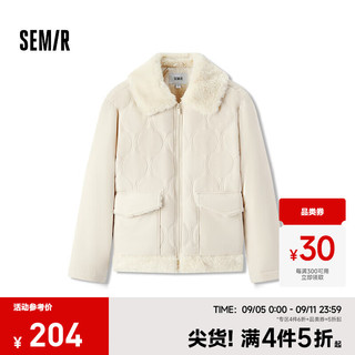 森马 Semir棉服女拼接毛绒翻领温柔百搭2024冬季时尚宽松棉衣复古风 白色调00311 150/76A/XS
