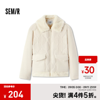 森马 Semir棉服女拼接毛绒翻领温柔百搭2024冬季时尚宽松棉衣复古风 白色调00311 150/76A/XS