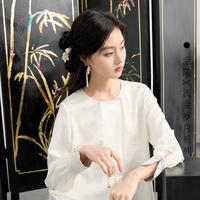 【竹境迷踪】2024秋季款缎面提花衬衫中式气质优雅盘扣小衫女