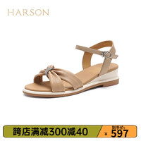 哈森2024凉鞋女士新款真皮蝴蝶结百搭一字带凉鞋坡跟女鞋子HWM240158