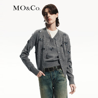 MO&Co.【100%绵羊毛】2024秋手工钉钻短款针织开衫MBD3CAR021 中花灰色 L/170