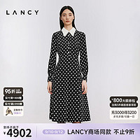 朗姿/LANCY24冬季复古丝毛波点连衣裙衬衫领通勤高级裙子女 夜幕黑色 XL