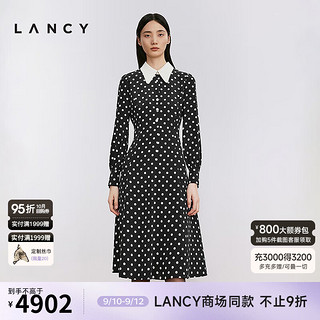 朗姿/LANCY24冬季复古丝毛波点连衣裙衬衫领通勤高级裙子女 夜幕黑色 2XL