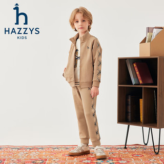 哈吉斯（HAZZYS）品牌童装男童套装2024秋季弹力舒适休闲时尚立领格纹拼接套装 暖卡其 165cm