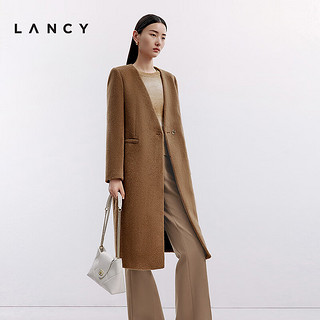 朗姿/LANCY2024冬老钱羊驼毛长款毛呢外套女v领大衣旷野美拉德 驼色 XL